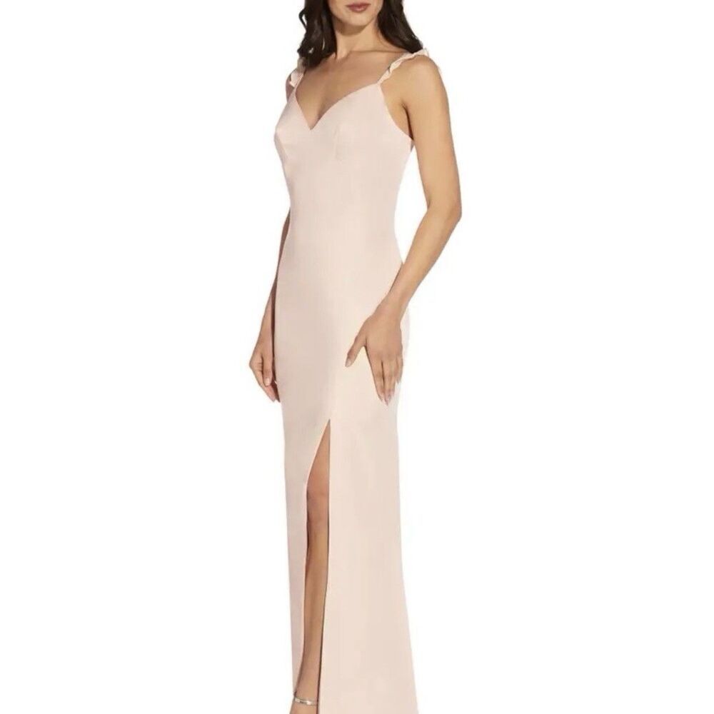 Adrianna Papell Divine Crepe Chiffon Gown Blush Pink Maxi Dress New Size 4